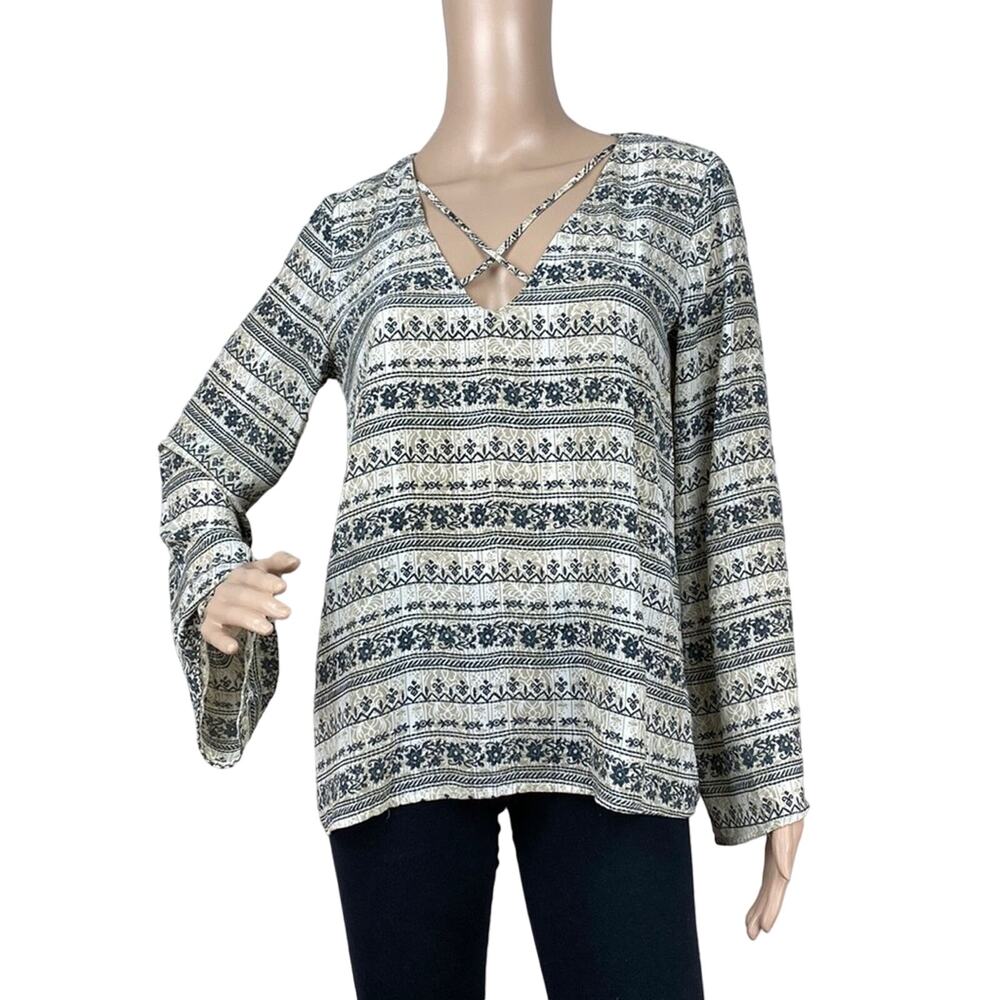 Lush Floral Stripes Crisscross  Front V-Neck Hi Lo Long Sleeve Tunic Blouse S